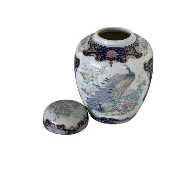 vintage Porcelain Ginger Jar Peacock & Floral Design Lid Blue/Gold Accents Asian - Picture 2 of 9